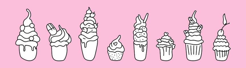 stretched long cupcakes web saver. different set cupcakes isolated flat, Cupcakes in cartoon flat design isolated on white background. Cute tasty cakes vector colorful illustration.