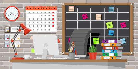 Modern business workplace. Office desk with computer chair, lamp, coffee cup, cactus document papers. Calendar, stationery, folders and scrum board. Home workspace table. Flat vector illustration