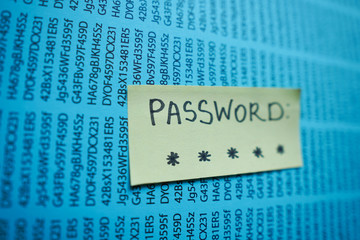Secret password written on paper note on background. Login access, encryption and cyber security concepts.