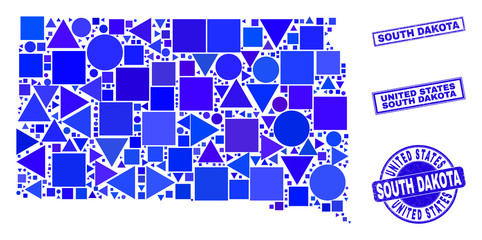 Vector mosaic South Dakota State map. Geographic collage in blue color tints, and corroded round and rectangle stamp seals. Abstract collage of South Dakota State map organized of round, triangles,