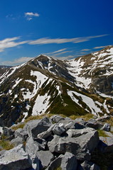 Poland Tatry view of Tatra peaks with blue sky in the background. Vacation in the Tatra Mountains Poland.