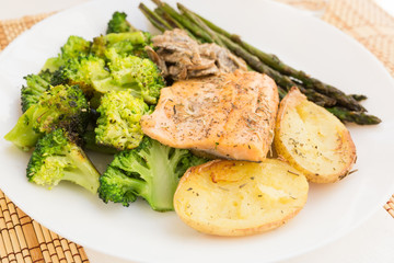 delicious dish of fried river trout fillet with garnish of broccoli, asparagus sprouts, baked potatoes and mushroom sauce