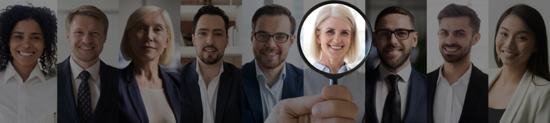 Human resource manager hand holding magnifier highlighting choosing old mature female candidate...