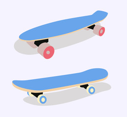 vector image. The illustration shows a gray longboard and skateboard and light wheels with a shadow. can be used in business for the sale or rental of boards