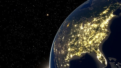 realistic united states of america from space, night usa from space, east coast of the usa from space, Miami from space 3d render