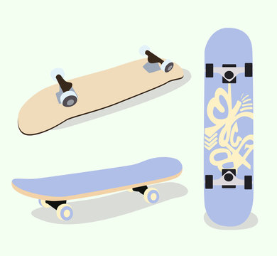 Vector image. The illustration shows a skateboard in delicate color in three locations with shadow and graffiti. can be used in business for the sale or rental of boards