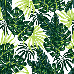Trend seamless pattern with tropical plants on a white background. Illustration in Hawaiian style. Jungle leaves. Botanical pattern. Flowers and leaves and hand drawn. Jungle leaves. Exotic wallpaper.