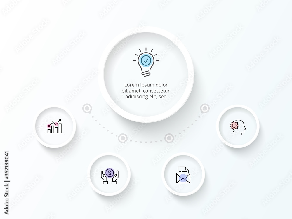 Aufkleber white infographic design template. flowchart with four circle elements. concept of 5 steps of busine
