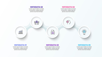 Infographic design template with five circle elements and zig zag. Concept of 5 steps of business strategy. Clean vector illustration for presentation