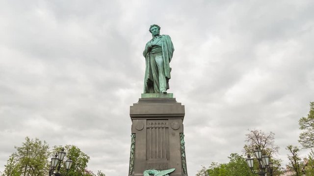 Monument to Russian poet Alexander Pushkin in Moscow. Time lapse