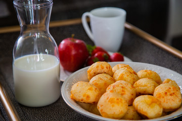 Cheese Bread served in a restaurant. 

Brazilian snack cheese bread - Traditional Brazilian food.