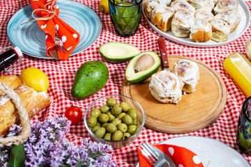 Homemade picnic with fresh fruits, vegetables, salad, orange juice, flowers and baguette on a red plaid.