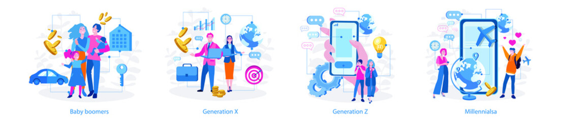 Millennials, Generation Z, Baby boomers, Generation X . Vector illustration for web banner, infographics, mobile. 