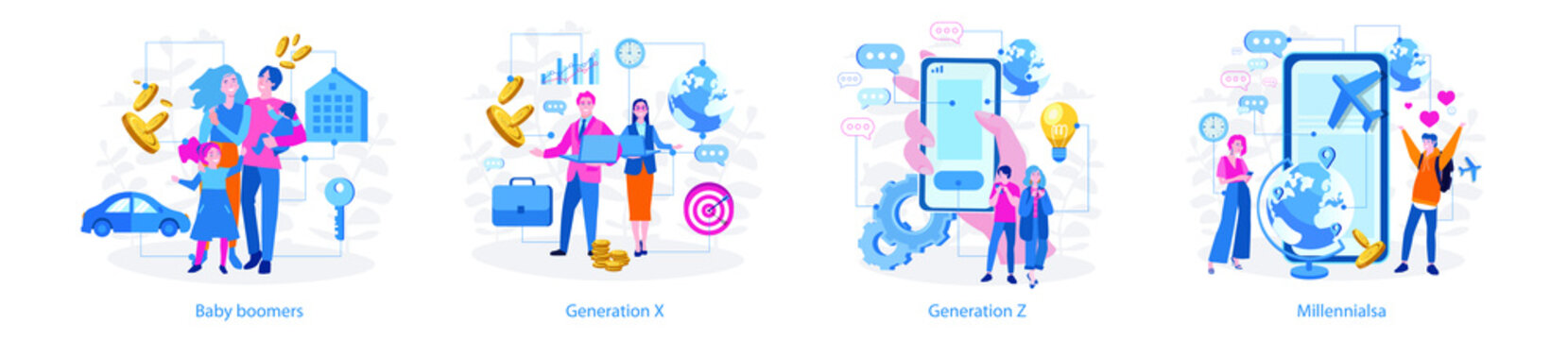 Millennials, Generation Z, Baby boomers, Generation X . Vector illustration for web banner, infographics, mobile. 