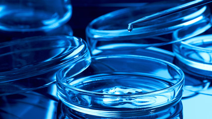 Closeup of a glass pipette with a drop of liquid