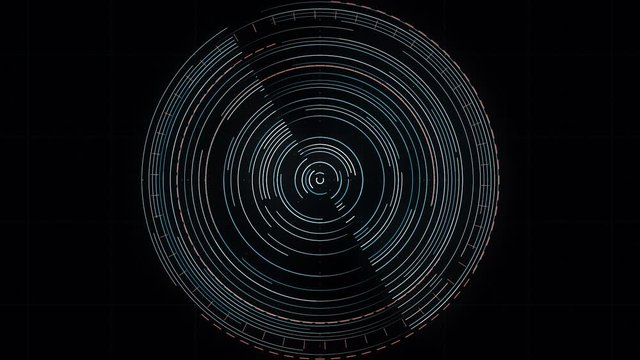 Disc shaped graphic object with internal lines. Animation. Abstract circle that rotates in the center in a clockwise direction on black background, seamless loop.