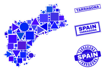 Vector mosaic Tarragona Province map. Geographic plan in blue color shades, and dirty round and rectangle seal stamps. Abstract mosaic of Tarragona Province map created of round, tringle,