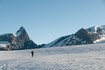 An alpinist going through Gornergletscher glacier near Zermatt, direction to Adlerpass, between...