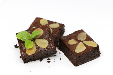 Group of Chocolate brownie with almond on white background
