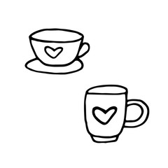 cups hand drawn in doodle style. vector scandinavian monochrome minimalism. set of elements for design. menu, kitchen, cafe, coffee, tea, drinks, mugs