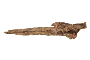 Driftwood or aged wood isolated on white background with clipping path. Closeup piece of driftwood shaped like sword for aquarium. - obrazy, fototapety, plakaty