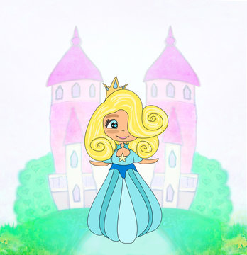 Beautiful little princess in front of her castle