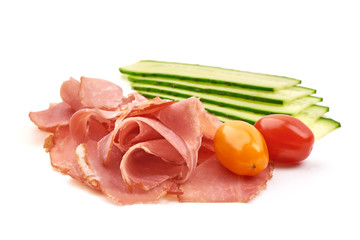 Jamon, dried ham slices, isolated on white background