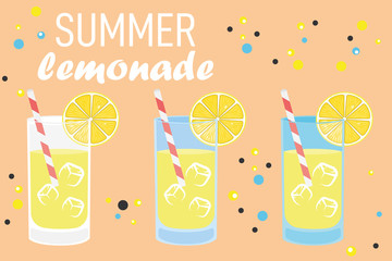 Lemon summer cold cocktail, drink with labels and typography. Vector bright print on fabric or wallpaper