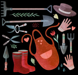 Set of tools and equipment for gardening - apron, shovel, dig, gloves, boots, hat, gardening, nippers, scissors. Spring time illustration. Elements for design, packaging, cards, stickers