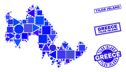 Obraz premium Vector mosaic Tilos Island map. Geographic scheme in blue color shades, and dirty round and rectangle seals. Abstract composition of Tilos Island map constructed of round, tringle,