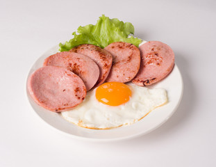 Fried sausage with fried eggs on a plate. Next to a lettuce leaf