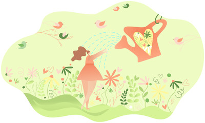 Girl standing among flowers with large watering can above her. Showering with garden can in the meadow. Abstract illustration. Flat vector design.
