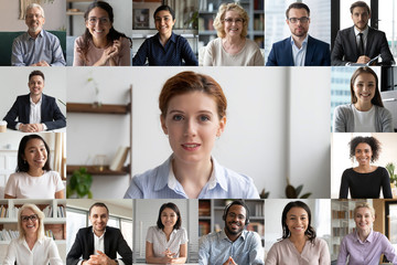 Headshot screen application view of multiracial businesspeople talk brainstorm on group video call,...