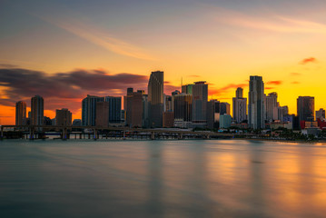 Fototapeta na wymiar Sunset above Downtown Miami Skyline and Biscayne Bay