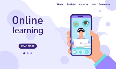 Digital vector concept distance learning online banner template for website and trendy app. Flat style in lilac colors. Electronic courses from the phone for students and pupils.