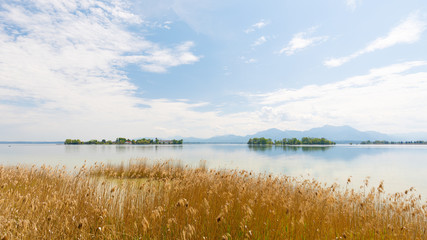 Panorama of Island Fraueninsel and Krautinsel on lake Chiemsee