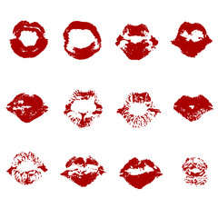 Vector set with deeply red color lipstic prints. Isolated on white elements for love , romantic , passion or tender holiday design for prints, cards, pocters, invitations