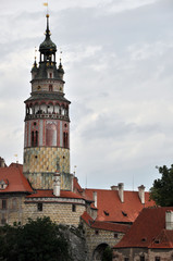 View of the ancient castle tower in the historic city of Cesky Krumlov.