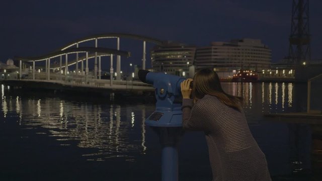 Good Chemistry in Interracial Couple. Asian and Spanish Love in Spain, Europe. Barcelona Port, Night 4K