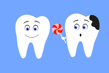 Decay and healthy teeth vector illustration. Cleaning and whitening teeth isolated on blue.