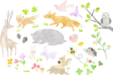 絵本風の森の動物のイラストセット