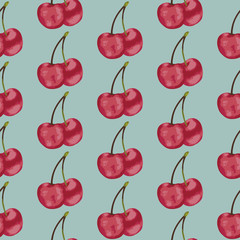 Vector seamless pattern with cherries . Blue background