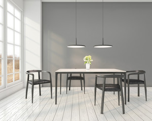 Minimal dining room with modern table and chair , hanging lamp and light gray wall. 3D rendering