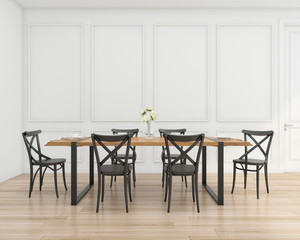 Modern dining room with loft table and chair , white pattern wall .3D rendering
