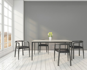 Minimal dining room with modern table and chair , light gray wall. 3D rendering