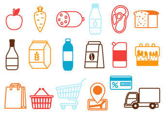 Supermarket food, selfservice and delivery icons.