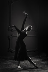Beautiful young female classical ballet dancer on pointe shoes wearing a black leotard and skirt on a brick background
