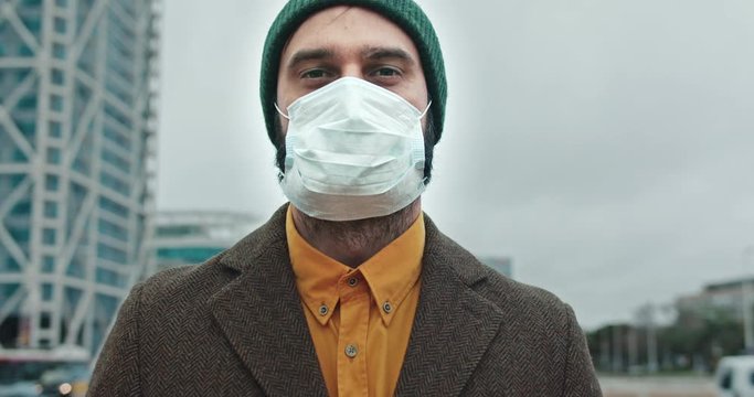 Portrait of a young student woman wearing protective mask on street.Concept of health and safety life, N1H1 coronavirus, virus protection, pandemic in china