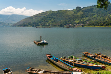 Aquaculture installations on Lake Toba, the largest volcanic lake in the world, situated in the middle of the northern part of the island of Sumatra in Indonesia