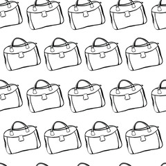 Travelling mood - seamless hand drawn pattern with carpetbag. Monochrome print with  bags are isolated on white background in chaotic rows. Illustration for tourism, transportation, buy nothing day.